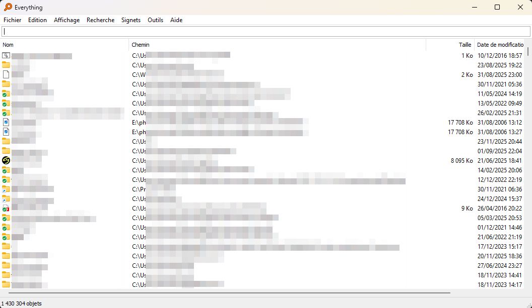 L'interface de l'application Everything, avec un compteur de fichiers à 1430294 objets.
